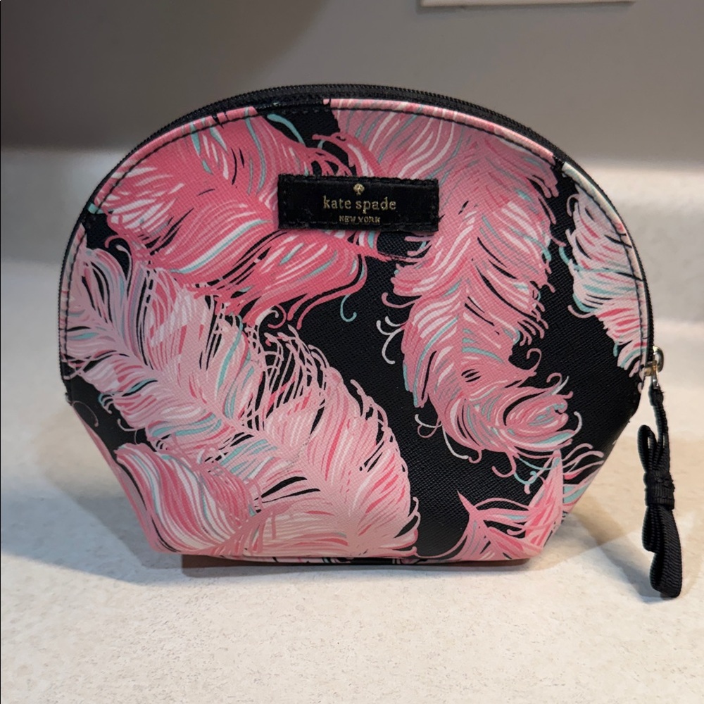 Kate Spade Black and Pink Feather Cosmetic Case